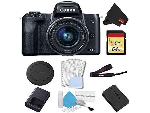 Canon EOS M50 Mirrorless Digital Camera with 15-45mm Lens (Black) Basic Bundle w/ 64GB Memory Card - Intl Model