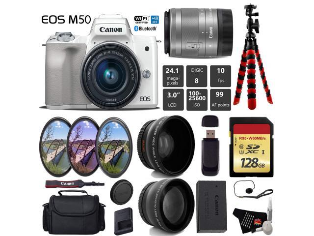Canon EOS M50 Mirrorless Digital Camera (White) with 15-45mm Lens + UV FLD CPL Filter Kit + Wide Angle & Telephoto Lens + Camera Case + Tripod +...