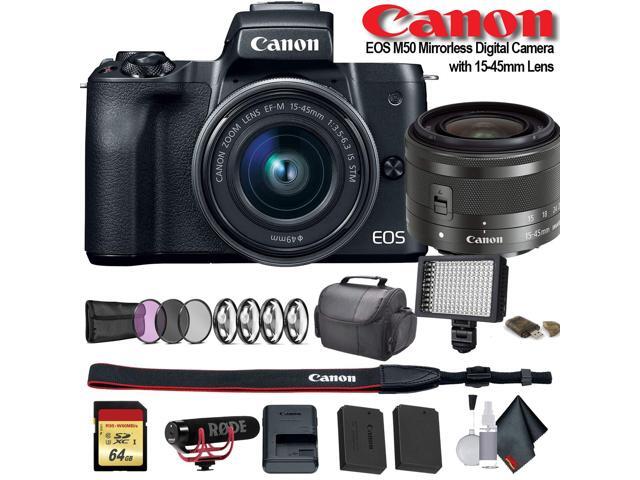 Canon EOS M50 Mirrorless Digital Camera with 15-45mm Lens (Intl Model) (2680C011) W/ Bag, Extra Battery, LED Light, Mic, Filters and More -...