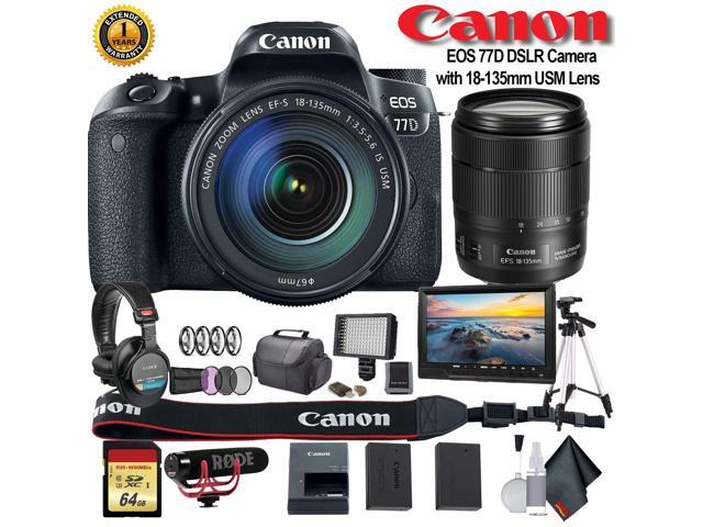 Canon EOS 77D DSLR Camera with 18-135mm USM Lens (Intl Model) (1892C002) W/ Bag, Extra Battery, LED Light, Mic, Filters, Tripod, Monitor and More -...
