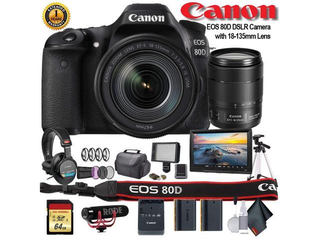 Canon EOS 80D DSLR Camera with 18-135mm Lens (1263C006) W/ Bag, Extra Battery, LED Light, Mic, Filters, Tripod, Monitor and More - Professional Bundle