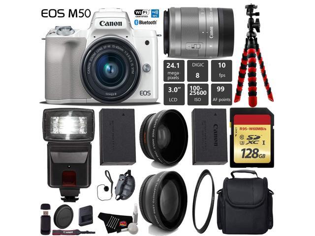 Canon EOS M50 Mirrorless Digital Camera (White) with 15-45mm Lens + Flash + UV FLD CPL Filter Kit + Wide Angle & Telephoto Lens + Camera Case +...