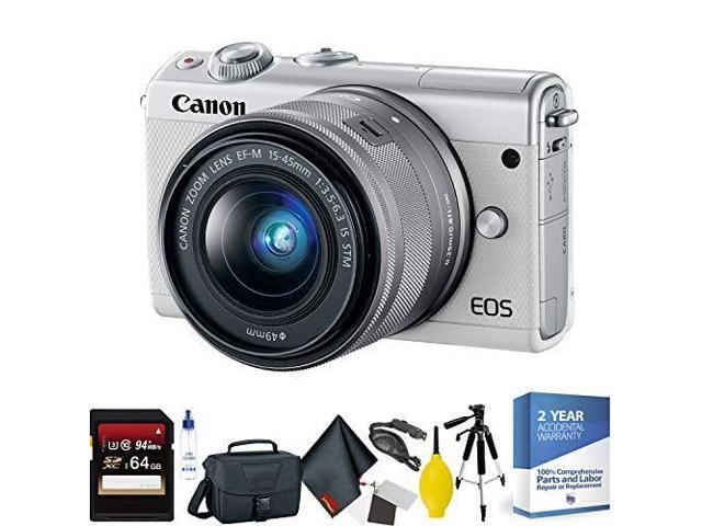 Canon EOS M100 Mirrorless Digital Camera with 15-45mm Lens (White) + 64GB Memory Card + Mega Accessory Kit + 2 Year Acci