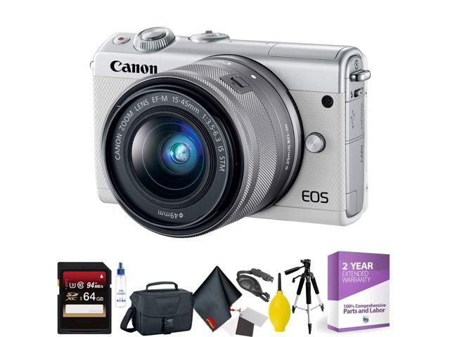 Canon EOS M100 Mirrorless Digital Camera with 15-45mm Lens (White) + 64GB Memory Card + Mega Accessory Kit + 1 Year Warr