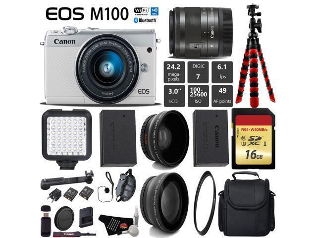 Canon EOS M100 Mirrorless Digital Camera (White) with 15-45mm Lens + LED + UV FLD CPL Filter Kit + Wide Angle & Telephoto Lens + Camera Case +...