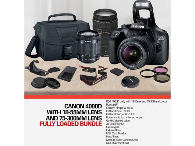 Canon EOS 4000D DSLR Camera and EF-S 18-55 mm f/3.5-5.6 IS III Lens + 75-300mm Telephoto Zoom Lens + 64GB Memory Card + Camera Bag + Cleaning Kit +...