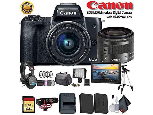 Canon EOS M50 Mirrorless Digital Camera with 15-45mm Lens (Intl Model) (2680C011) W/ Bag, Extra Battery, LED Light, Mic, Filters, Tripod, Monitor...