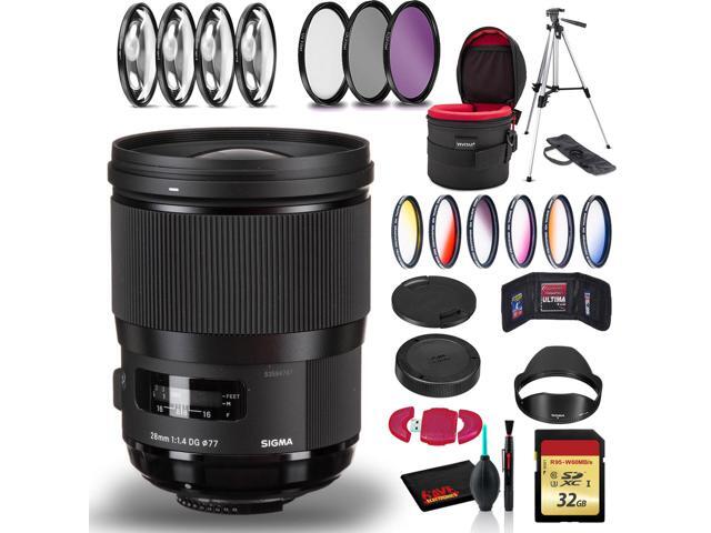 Sigma 28mm f/1.4 DG HSM Art Lens for Nikon F with Cleaning Kit, 57' Tripod, 32GB Memory Kit, Filter Kits, and Case Bundle