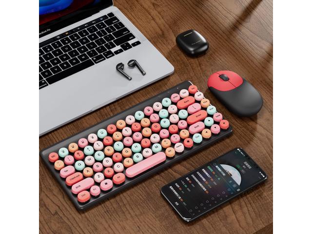Wireless Mini Keyboard and Mouse Combo Colorful Retro Round Key Caps 2.4GHz Computer Keyboards 86 Keys with Mouse for...