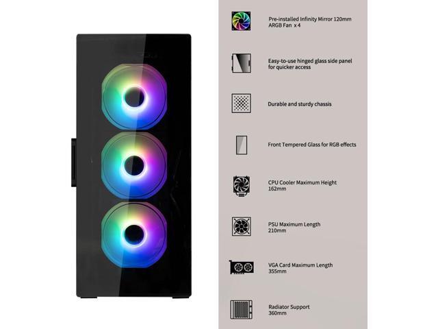 Zalman i3 NEO TG ATX Gaming PC Case, Includes 4 x 120mm Infinity Mirror ARGB Fans, Tempered Glass Front & Side Panel, Premium Mid-Tower Chassis, Black