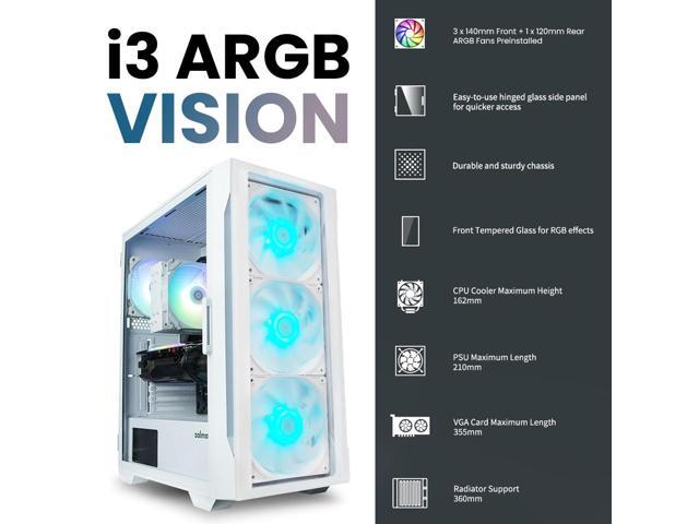 Zalman i3 ARGB Vision-TG ATX Mid-Tower Gaming PC Case, 4 x ARGB Fans Pre-Installed (3 x 140mm + 1 x 120mm rear), Tempered Glass Front & Side Panel,...