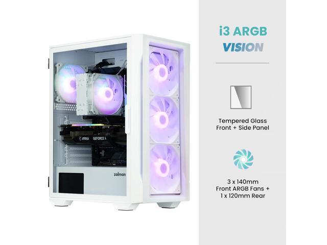Zalman i3 ARGB Vision-TG ATX Mid-Tower Gaming PC Case, 4 x ARGB Fans Pre-Installed (3 x 140mm + 1 x 120mm rear), Tempered Glass Front & Side Panel,...