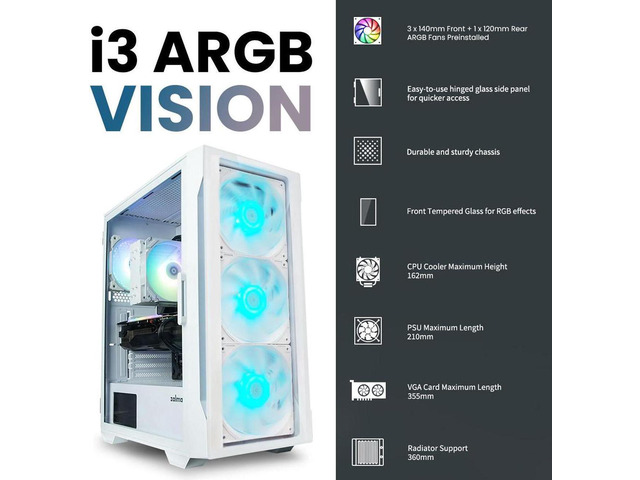 Zalman Case Cooler PSU Combo - Zalman i3 Neo TG 140 Vision White ATX Mid-Tower PC Case + 9X Performa Plus White 180W TDP CPU Cooler + Gigamax 600W...