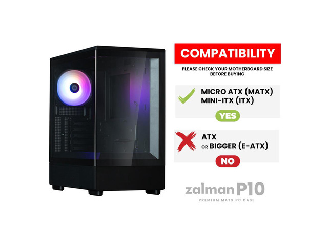 Zalman Case Cooler PSU Combo - Zalman P10 Black Micro-ATX Panoramic PC Case + 9X Performa Plus ARGB 180W TDP CPU Cooler + Gigamax 600W 80+ Plus...