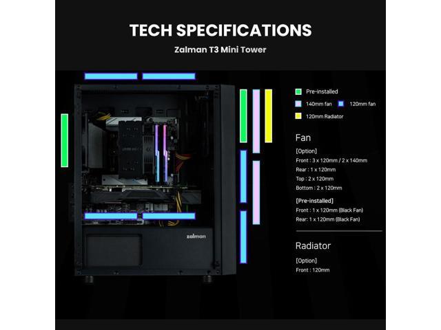 PC Builder Bundle - Zalman PC Case with PSU Combo - T3 Compact m-ATX PC Case - Tempered Side Panel, 2 x 120mm Non-RGB Black Fan, with 80 Plus...