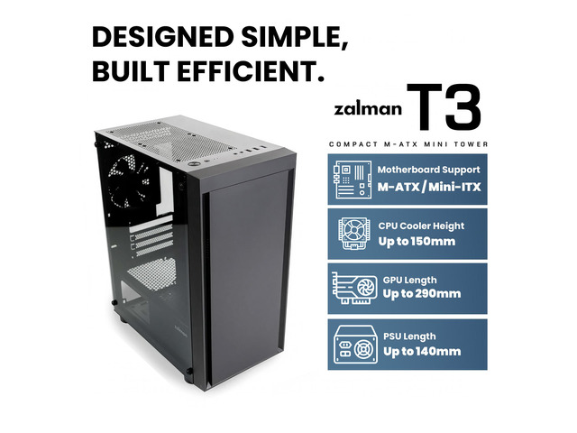 Zalman T3 Micro ATX Case, MATX PC Case with 2 x 120mm Fans Pre-Installed, Full Tempered Glass Side Panel, Compact Mini Tower Gaming Computer...