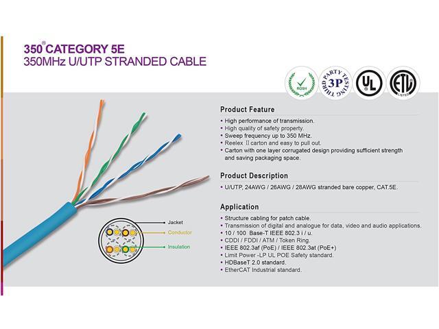 Elite Cat5e Stranded (CM), 1000ft, 350MHz, 24AWG, U/UTP, Bare Copper, UL Certified, Pull Box, Bulk Ethernet Cable, Violet