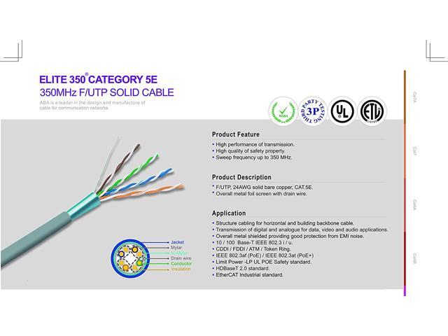Elite Cat5e Shielded Riser (CMR), 1000ft, 350MHz, 24AWG, F/UTP, Solid Bare Copper, UL Certified, Bulk Ethernet Cable Reel, Blue