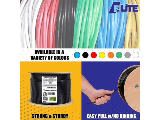 Elite Cat6a Riser (CMR), 1000ft, 650MHz, 23AWG, U/UTP, Solid Bare Copper, UL Certified, Bulk Ethernet Cable Reel, Black