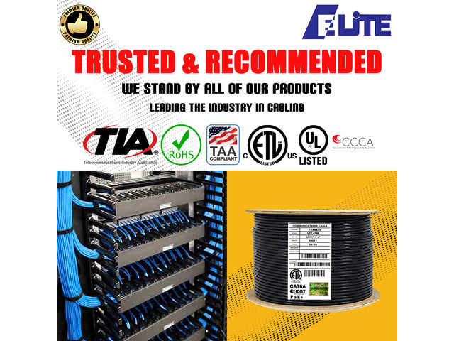 Elite Cat6a Riser (CMR), 1000ft, 650MHz, 23AWG, U/UTP, Solid Bare Copper, UL Certified, Bulk Ethernet Cable Reel, Black