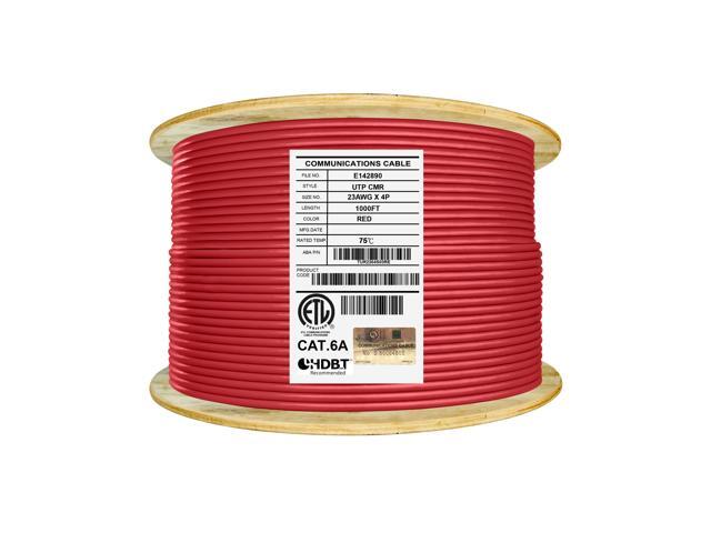 Elite Cat6a Riser (CMR), 1000ft, 650MHz, 23AWG, U/UTP, Solid Bare Copper, UL Certified, Bulk Ethernet Cable Reel, Red