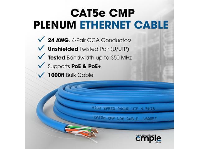 Cmple - Cat5e Plenum Cable 1000ft, CMP, Blue 350MHz Gigabit Ethernet Solid Network Internet Bulk UTP