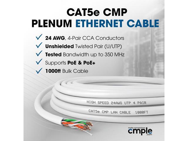 Cmple - Cat5e Plenum Cable 1000ft, CMP, White 350MHz Gigabit Ethernet Solid Network Internet Bulk UTP