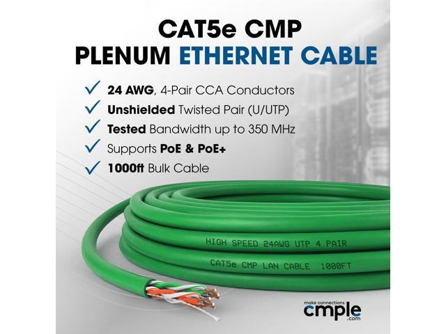 Cmple - Cat5e Plenum Cable 1000ft, CMP, Green 350MHz Gigabit Ethernet Solid Network Internet Bulk UTP