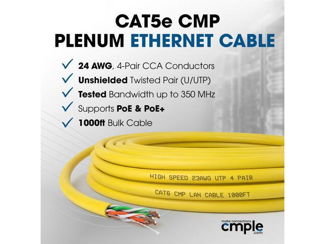 Cmple - Cat5e Plenum Cable 1000ft, CMP, Yellow 350MHz Gigabit Ethernet Solid Network Internet Bulk UTP
