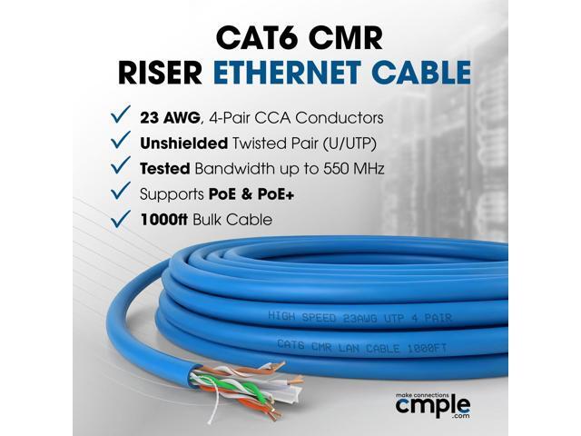 Cmple - Cat6 Cable 1000ft Bulk Lan Ethernet Cat 6 Wire Network UTP 23AWG CMR Riser 10 Gbps 550 MHz Pull Box 1000 Feet, Blue