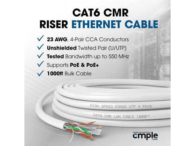 Cmple - Cat6 Cable 1000ft Bulk Lan Ethernet Cat 6 Wire Network UTP 23AWG CMR Riser 10 Gbps 550 MHz Pull Box 1000 Feet, White