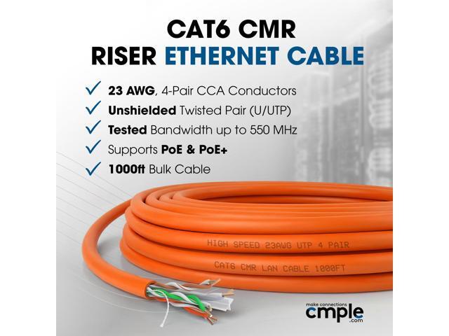 Cmple - Cat6 Cable 1000ft Bulk Lan Ethernet Cat 6 Wire Network UTP 23AWG CMR Riser 10Gbps 550 MHz Pull Box 1000 Feet, Orange