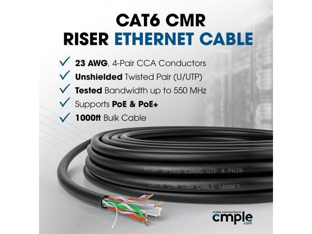Cmple - Cat6 Cable 1000ft Bulk Lan Ethernet Cat 6 Wire Network UTP 23AWG CMR Riser 10 Gbps 550 MHz Pull Box 1000 Feet, Black