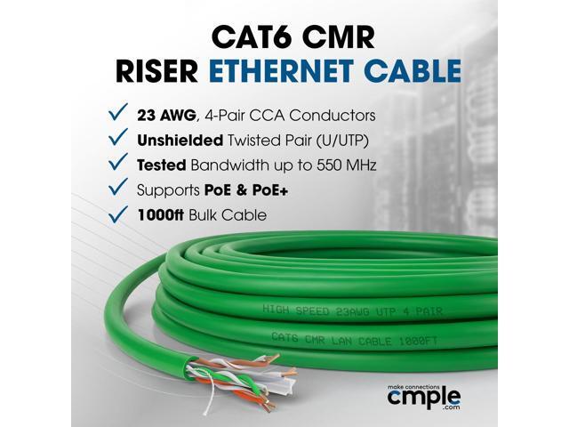 Cmple - Cat6 Cable 1000ft Bulk Lan Ethernet Cat 6 Wire Network UTP 23AWG CMR Riser 10 Gbps 550 MHz Pull Box 1000 Feet, Green