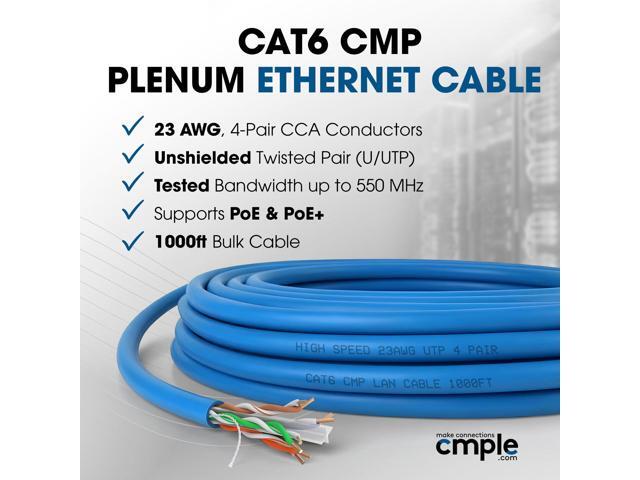 Cmple - Cat6 Plenum Ethernet Cable 1000ft, Cat 6 Cable (CMP) 550MHz Unshielded Twisted Pair (UTP) 10 Gigabit Solid Network Cable, Bulk Ethernet...