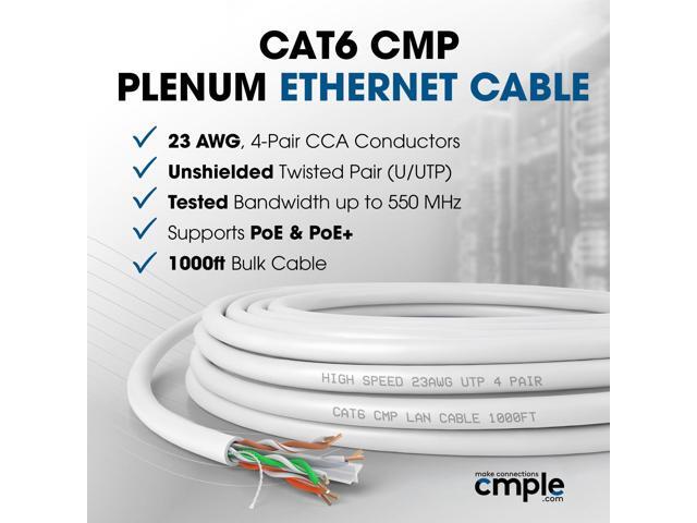 Cmple - Cat6 Plenum Ethernet Cable 1000ft, Cat 6 Cable (CMP) 550MHz Unshielded Twisted Pair (UTP) 10 Gigabit Solid Network Cable, Bulk Ethernet...