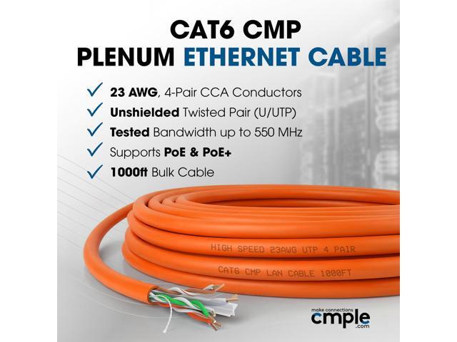 Cmple - Cat6 Plenum Ethernet Cable 1000ft, Cat 6 Cable (CMP) 550MHz Unshielded Twisted Pair (UTP) 10 Gigabit Solid Network Cable, Bulk Ethernet...