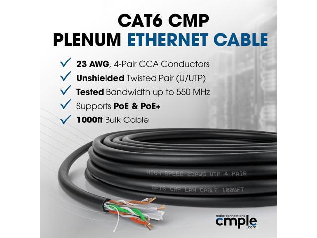 Cmple - Cat6 Plenum Ethernet Cable 1000ft, Cat 6 Cable (CMP) 550MHz Unshielded Twisted Pair (UTP) 10 Gigabit Solid Network Cable, Bulk Ethernet...