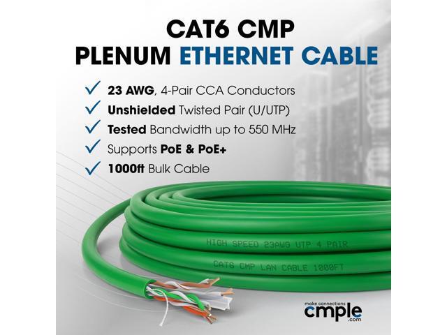 Cmple - Cat6 Plenum Ethernet Cable 1000ft, Cat 6 Cable (CMP) 550MHz Unshielded Twisted Pair (UTP) 10 Gigabit Solid Network Cable, Bulk Ethernet...