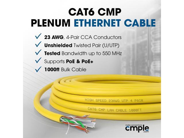 Cmple - Cat6 Plenum Ethernet Cable 1000ft, Cat 6 Cable (CMP) 550MHz Unshielded Twisted Pair (UTP) 10 Gigabit Solid Network Cable, Bulk Ethernet...