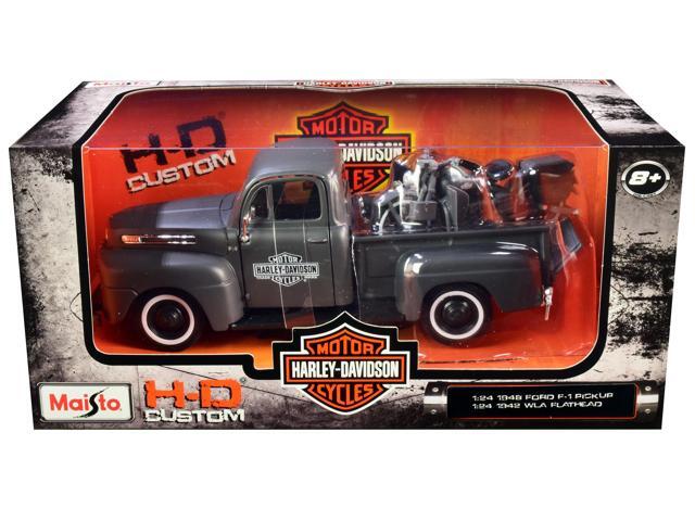 1948 Ford F-1 Pickup Truck and 1942 Harley-Davidson WLA Flathead Motorcycle Matt Dark Gray 1/24 Diecast Models by Maisto