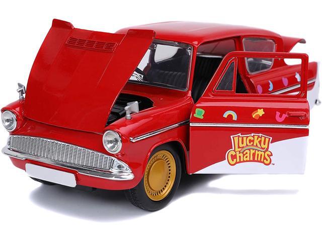 1959 Ford Anglia Red and White with Lucky the Leprechaun Diecast Figurine 'Lucky Charms' 1/24 Diecast Model Car by Jada