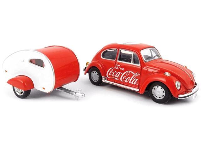 1967 Volkswagen Beetle Red with Teardrop Travel Trailer Red and White 'Coca-Cola' 1/43 Diecast Model Car by Motorcity Classics