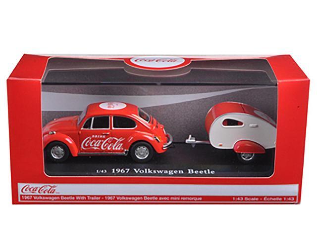 1967 Volkswagen Beetle Red with Teardrop Travel Trailer Red and White 'Coca-Cola' 1/43 Diecast Model Car by Motorcity Classics