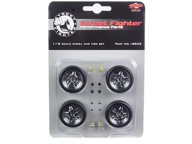 Street Fighter Mag Wheel and Tire Set of 4 pieces from '1970 Plymouth RoadRunner 'The Hammer' 'Fast & Furious' Movie 1/18 by GMP