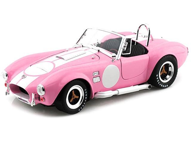 1965 Shelby Cobra 427 S/C Pink with White Stripes with Printed Carroll Shelby Signature's on the Trunk 1/18 Diecast Model Car by Shelby Collectibles
