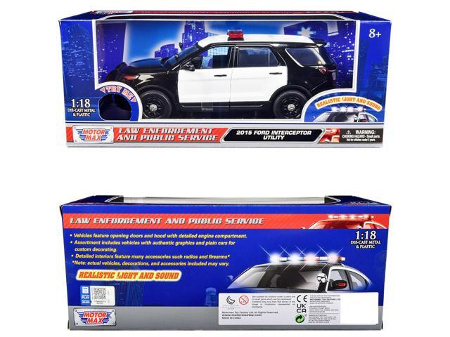 2015 Ford Police Interceptor Utility Black & White Flashing Light Bar, Front & Rear Lights & 2 Sounds 1/18 Diecast Car Motormax