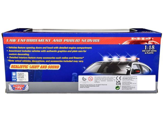 2015 Ford Police Interceptor Utility Black & White Flashing Light Bar, Front & Rear Lights & 2 Sounds 1/18 Diecast Car Motormax