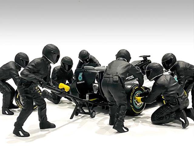 Formula One F1 Pit Crew 7 Figurine Set Team Black Release II for 1/18 Scale Models by American Diorama