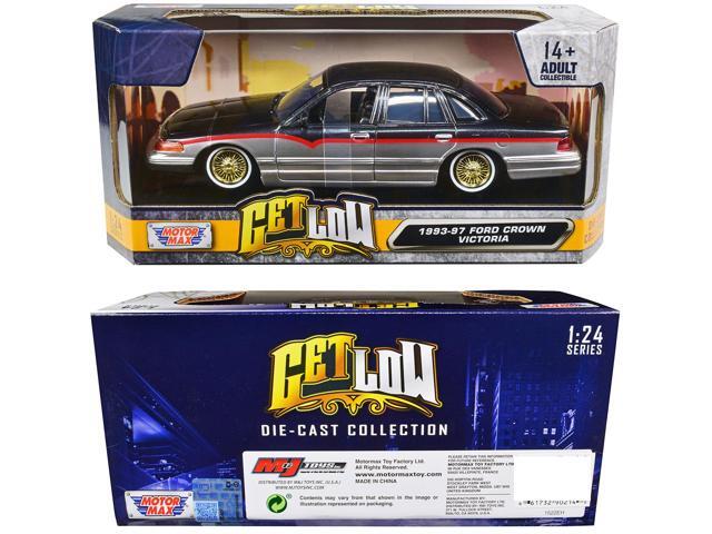 1993-1997 Ford Crown Victoria Lowrider Black Metallic and Silver with Red Stripes 'Get Low' Series 1/24 Diecast Model Car by Motormax